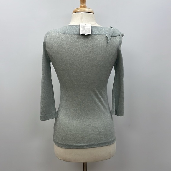NWT Anthropologie Del Metallic Bow Keyhole 3/4 Sleeve Knit Blouse Teal XS - Picture 6 of 9